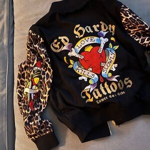 Ed Hardy Black and Cheetah Embroidered Bomber